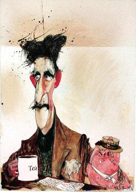 George Orwell’s Revolutions | The New Yorker Ralph Steadman Art, Michael Sowa, Ralph Steadman, Hunter S Thompson, Haruki Murakami, 캐릭터 드로잉, George Orwell, Friedrich Nietzsche, Neil Gaiman