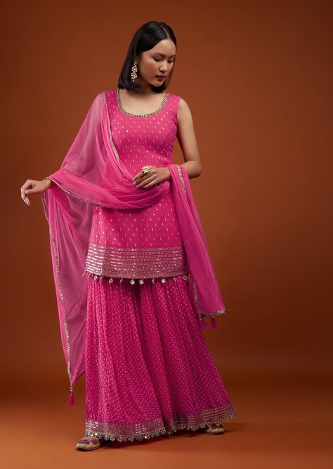 Kurti Sharara Set, Sharara Suit From Saree, Hot Pink Sharara Suit, Bandhani Cord Set, Bandhani Sharara Suit, Georgette Sharara Suits, Pink Kurta Outfit, Pink Haldi Outfit, Bandhani Outfits