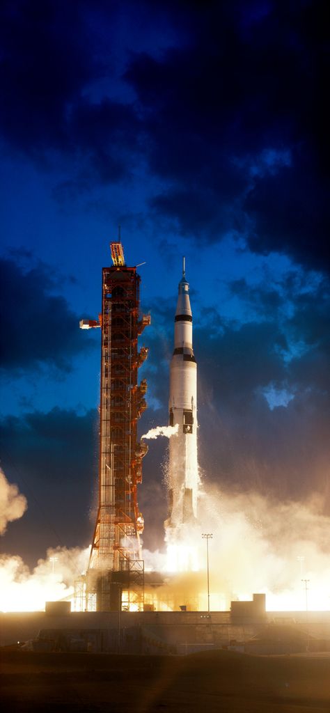 Apollo 4 liftoffThe Apollo 4 unmanned mission lifts off from launch pad 39A at the Kennedy Space Center. This would be the first flight for the enormous Saturn V rocket that would eventually take humans to the Moon. Saturn V, Nasa History, Launch Pad, Space Shuttle, The Space, Nasa, Rocket, The Sky, History