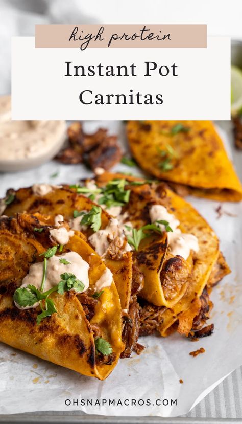 Juicy, full of flavor and ready in no time, this Instant Pot Carnitas is great for last minute weeknight dinners or as a main to bring to the neighborhood bbq. Perfectly seasoned pork, simmering in delicious juices results in versatile meat to add to tacos, burritos, salads, and sandwiches. Carnitas Instant Pot Recipes, Carnitas Pork, Pork Taco Marinade, Authentic Pork Tacos, Easy Pork Carnitas, Macro Friendly Pork Recipes, Instant Pot Pork Carnitas, Crock Pot Carnitas, Pork Tenderloin Carnitas