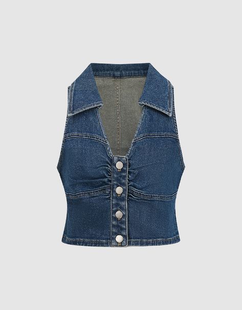 Shirt Collar Denim Vest Fitted Denim Vest, Top Jeans Outfit, Trash Couture, Salicylic Acid And Niacinamide, Lace Top Design, Denim Vest Top, Denim Vest Outfit, Denim Clothes, Jeans Vest