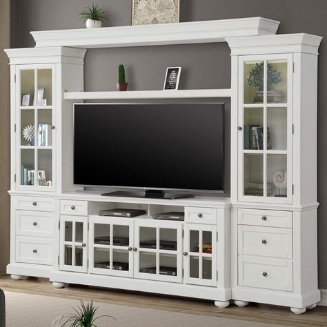 Chelsea Entertainment Wall | Jerome's Furniture White Entertainment Center, Entertainment Wall, Living Room Entertainment, Rack Tv, Parker House, Carriage House, Furniture Styles, Glass Doors, Wall Unit