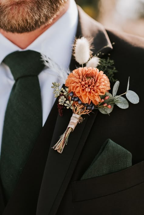 Orange And Black Wedding, Fall Groomsmen, Black Wedding Decor, Boutineer Wedding, Fall Boutonnieres, Rusting Wedding, Wedding Color Scheme, Fall Wedding Flowers, Year 5