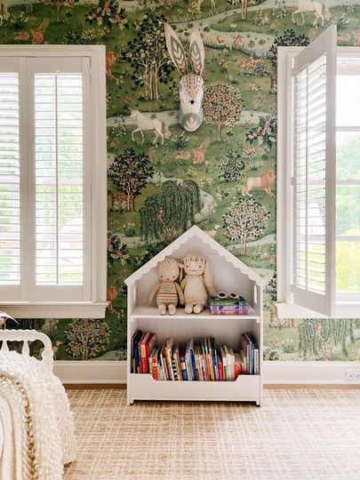 Storybook Wallpaper, Olive Tree Wallpaper, Custom Fronts, 2021 Interior Design Trends, Nursery Bookcase, Upstairs Laundry, Crown Light, Pax Closet, Dollhouse Bookcase