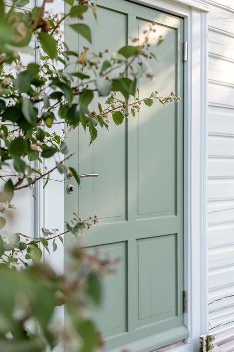 Sage Green House Front Door Color Ideas Safe Green Front Door, Green House Front Door Color, Sage Green Shutters White House, Bm Sage Wisdom, Sage Green Front Door Colors, Light Green Front Door, Sage Green Front Door, Sage Door, Front Door Color Ideas