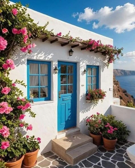 Island Home Exterior, Greek Doors, Greek Style Home, Greece Homes, Yellow Kitchen Cabinets, Sky Window, Greece House, Dream House Aesthetic, Santorini House