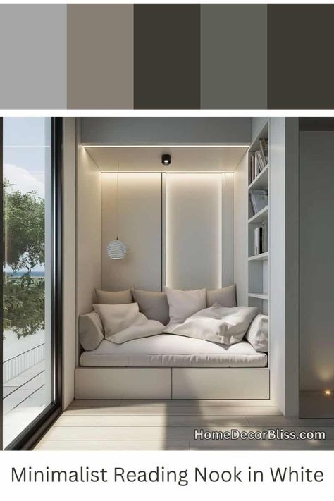 Minimalist Reading Nook: Neutral Color Scheme & Built-In Bench Reading Bench Nook, Daybed Reading Nook, Cozy Reading Nook Ideas, Modern Reading Nook, Minimalist Home Decor Ideas, Office Room Design, Bed Nook, Reading Space, Room Concept