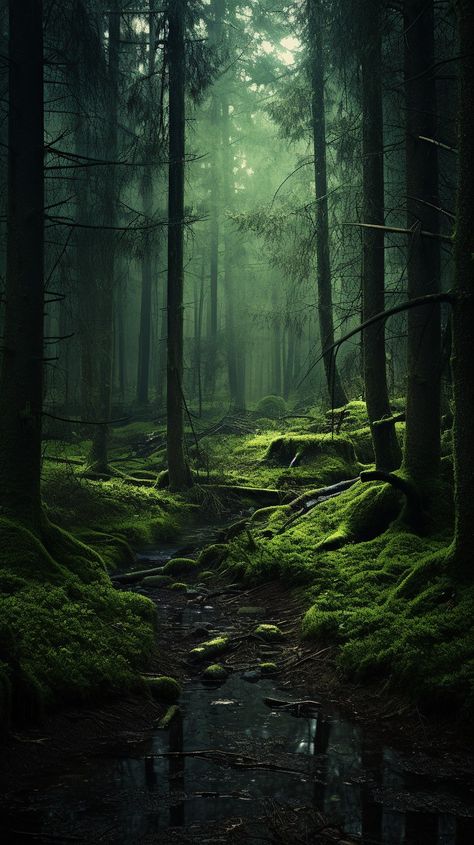 Romantic Scenery Night, Moody Green Photography, Lush Forest Aesthetic, Forest Magic Aesthetic, Mossy Forest Aesthetic, Green Woods Aesthetic, Fairytale Aesthetic Forests, Witchy Landscape, Spooky Forest Aesthetic