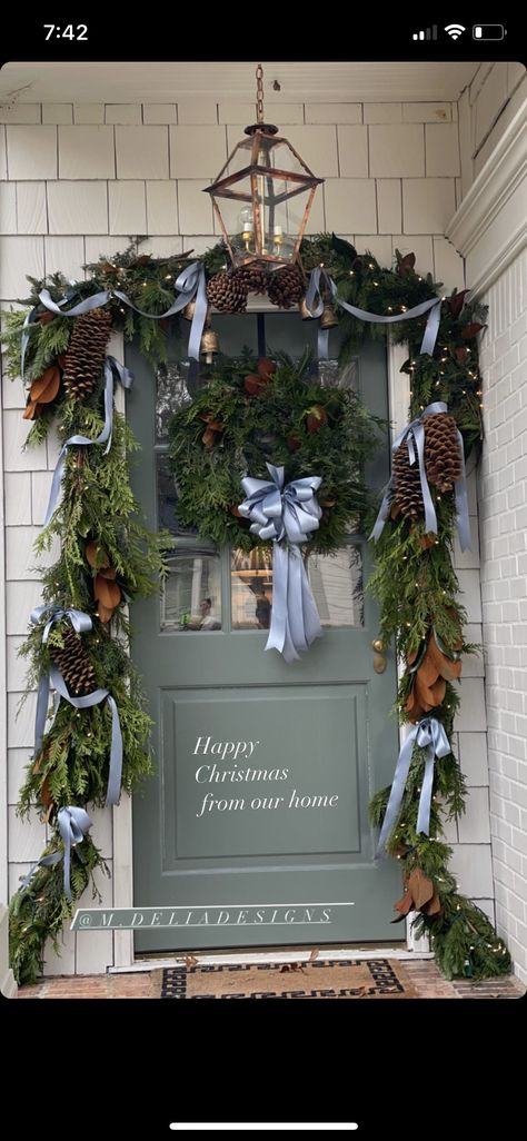 Clary Bosbyshell, Exterior Christmas Decorations, Card Room Green, Card Room, Christmas Decor Trends, Christmas Front Door, Southern Christmas, Front Door Christmas Decorations, Blue Christmas Decor