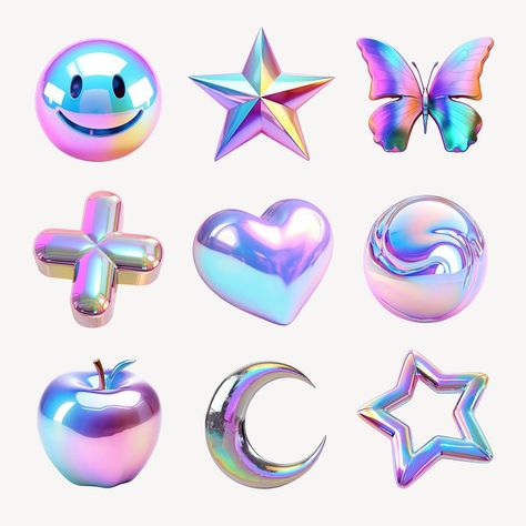 3d iridescent icon element set | Free Photo - rawpixel Futuristic Icons, 3d Iridescent, 3d Circle, Butterfly Moon, Icon Set Design, 3d Holographic, Aesthetic Objects, Logo Icon Design, Monster High Pictures