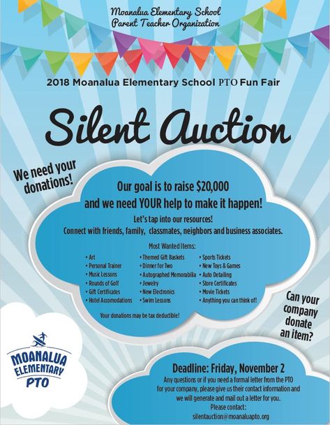 Silent Auction Donations Needed! – Moanalua Elementary School PTO Silent Auction Ideas Donations, How To Do A Silent Auction, Silent Auction Ideas Fundraising Events, January Fundraiser Ideas, Raffle Ideas Fundraiser, Auction Donation Ideas, Hockey Fundraiser, Reverse Raffle, Fundraiser Ideas School