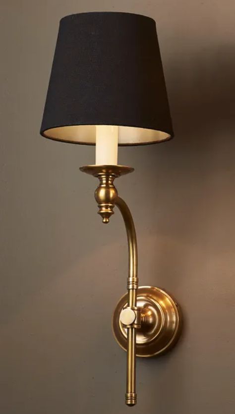 A contemporary design on a classic sconce. Lead Time: 1-2 weeks when in stock with supplier. Brass curved arm Black or Ivory linen tapered shade Bulb E14 Max Watt: 40 Finish: Antique Brass Size (cm): 10W x 10D x 43H Hamptons Style Home, Curved Wall, Lighting Diy, 2 House, London Wall, Casa Country, Urban Lighting, Curved Walls, Decoration Inspiration