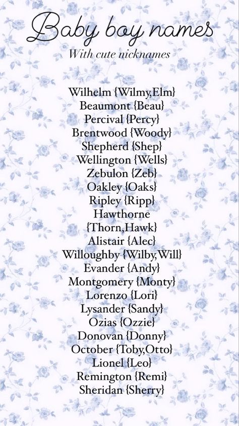 Baby boy name list Soft Boy Names Aesthetic, Names With Nicknames Boy, 1900s Names, Baby Boy Names With Nicknames, Name With Nicknames, Nickname Ideas Boy, Long Boy Names With Nicknames, Long Names With Nicknames, Male Names With Nicknames