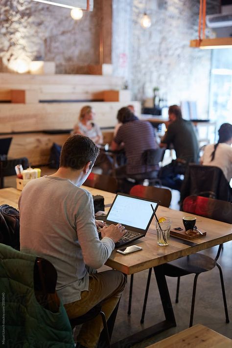 Work Men Aesthetic, Work Space Cafe, People At Coffee Shop, Cafe With People, Work From Coffee Shop, People At Cafe, Work In Cafe, Man On Computer, Coffee Shop Laptop