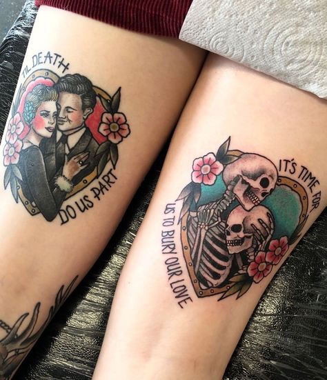 Traditional Tattoo Love, Traditional Thigh Tattoo, Tattoo Old School, Tattoos For Lovers, Matching Couple Tattoos, Tattoo Desings, Traditional Tattoo Art, Old Tattoos, Time Tattoos