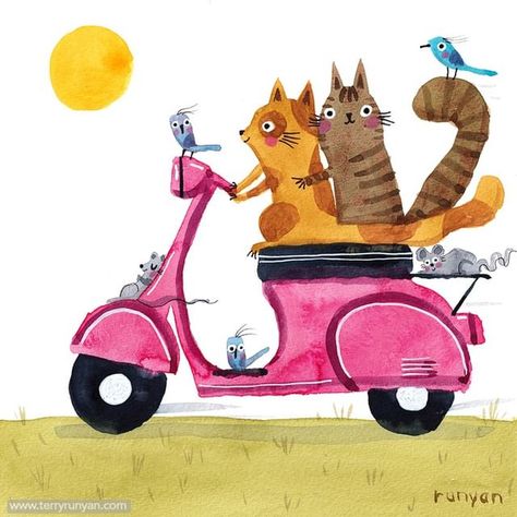 Abel Macias, Pink Vespa, Bookmark Images, Terry Runyan, Art Transportation, Illustration Nature, Cat Stamp, Art Creativity, Watercolour Inspiration