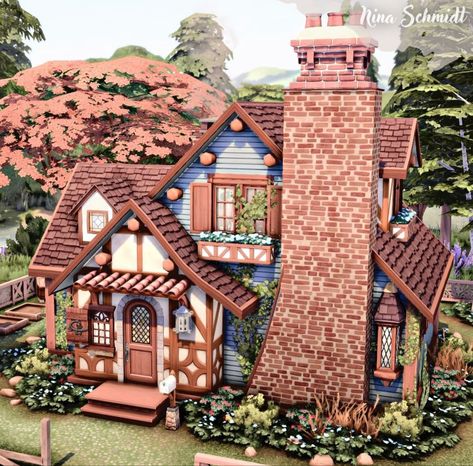 Sims 4 Storybook House, Cottswald Cottages, Witch Cottage Exterior, Small Cozy Cottage, Sims4 Inspiration, Cottage Sims 4, Cottage Floorplan, German Cottage, Sims4 Houses