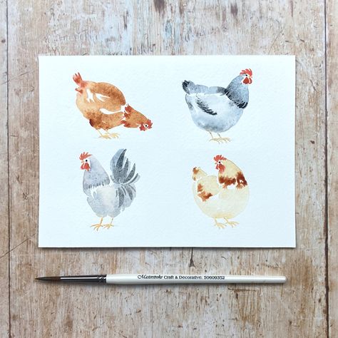 Chicken Watercolor Illustration, Easy Watercolor Chicken, Chicken Watercolour Painting, Watercolor Art Chicken, Watercolor Rooster Tutorial, Painting Chickens Simple, Watercolour Animals Simple, Watercolor Chicken Tutorial, Watercolor Chicken Paintings