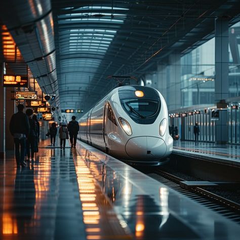 StockCake Passengers waiting as the sleek high-speed train arrives on a shiny station platform during twilight. Modern Train Station, High Speed Train, Metro Train, Train Platform, Electric Train, Speed Training, City Vibe, Train Travel, Train Station