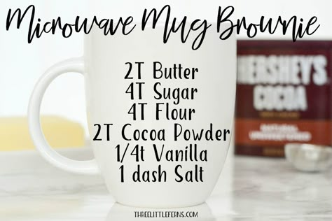 A quick and easy mug brownie recipe with no eggs! Full recipe at threelittleferns.com #recipe #mugrecipes #mugbrownie Brownie In A Mug No Egg, Mug Brownie No Egg, Brownie In A Mug Recipe Microwave, Brownie Mug Recipe, Easy Mug Brownie, Easy Mug Brownie Recipe, Microwave Mug Brownie, Brownie In A Mug Recipe, Mug Brownie Recipe