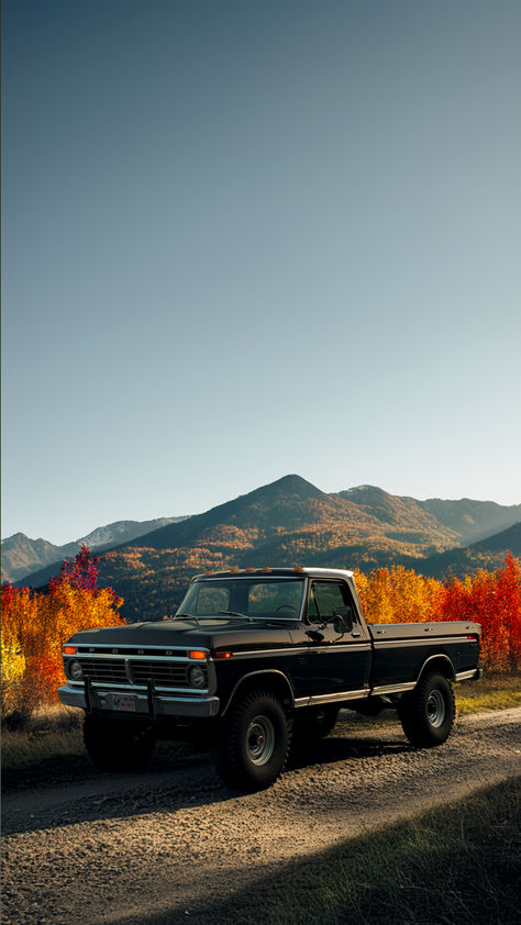 A restored 1974 Ford truck with a lifted suspension and upgraded to a 7.3L Godzilla engine by Kincer Chassis. 1975 Ford Truck, 72 Ford F100 Trucks, Beat Up Pickup Truck, 1973 Ford Truck, Black Pickup Truck Aesthetic, Ford Trucks Old, 90s Ford Trucks, Dream Trucks Ford, Old Ford Ranger