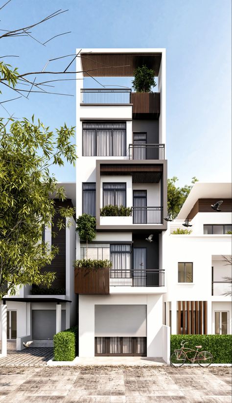 Minimal House Elevation, Narrow Building Elevation, Narrow House Elevation Designs, 3 Storey Apartment Design, Narrow Facade Design, Narrow Elevation Designs, Small Building Facade, Narrow House Elevation, 4 Storey Building Elevation