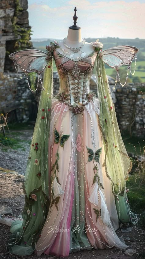 Enchanted Outfits Fairytale, Fairy Inspired Gown, Book Ball Gown, Fairy Queen Outfit, Fae Princess Aesthetic, Fairy Themed Dress, Whimsical Fairy Costume, Garden Fairy Dress, How To Look Like A Fairy