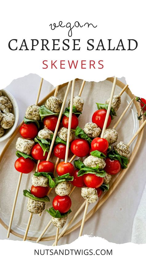 top view of vegan caprese salad skewers on a plate. Vegan Caprese, Salad Skewers, Caprese Salad Skewers, Vegan Appetizer, Skewer Appetizers, Fall Vegan Recipes, Caprese Skewers, Fresh Cherry, Vegan Mozzarella