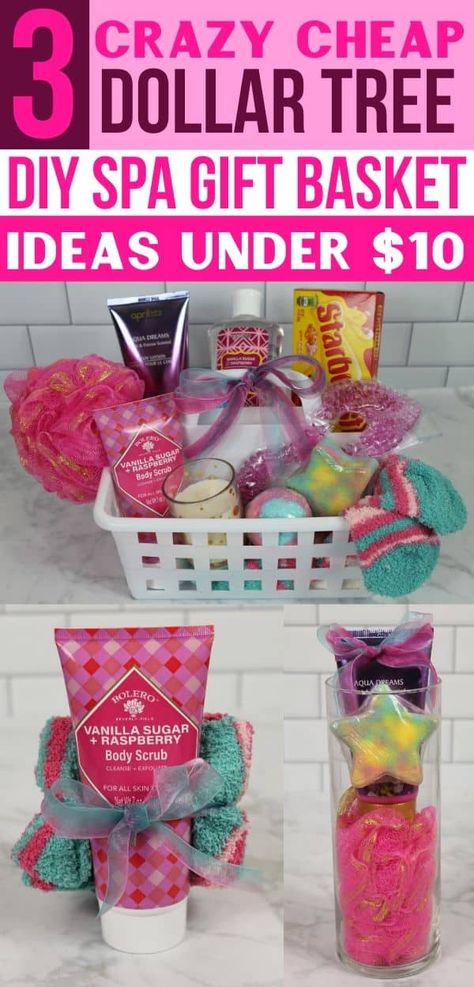 These DIY Dollar Tree spa gift basket ideas are so cheap! Make this homemade spa gift basket from the dollar store for under $10! Perfect for women, mom, friends, teachers & family! #diy #giftideas #gifts #giftbaskets #giftsforfriends #giftsforwomen #cheapgifts Basket Boyfriend, Spa Gift Basket Ideas, Diy Spa Gifts Baskets, Diy Spa Gifts, Dollar Store Gifts, Spa Day Gifts, Dollar Tree Gifts, Spa Basket, Diy Spa Day