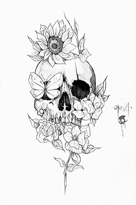 Drawing Ideas Skull, Skull Tattoo Stencil, Feminine Chest Tattoo, Skull And Flower Tattoo, Aggrogoth Tattoo, Floral Skull Tattoos, Skull Thigh Tattoos, Tattoo Crane, Skull Tattoo Flowers