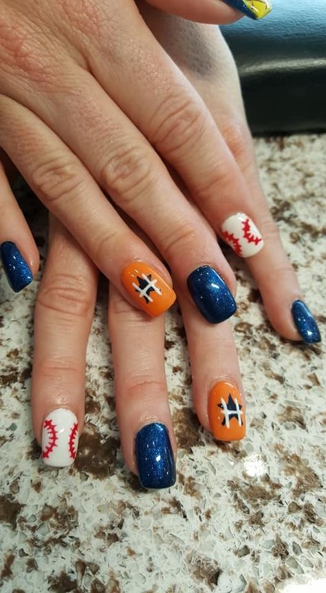 Houston Astros Nail Designs, Astros Nail Designs, Houston Astros Nails, Astros Game Outfit, Astros Nails, Baseball Nail Designs, Shellac Ideas, Baseball Nails, Nail Combos