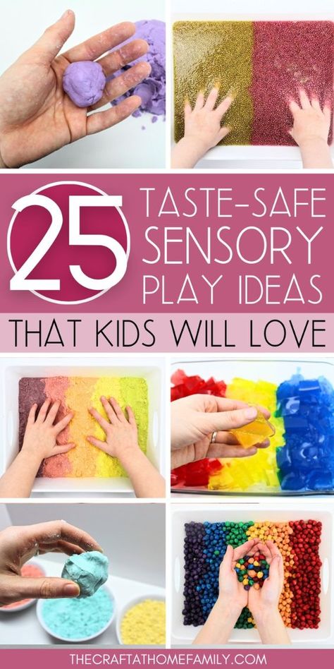 Do you have a young child at home who still likes to put everything in their mouth? This big list of taste-safe sensory recipes is perfect for babies and toddlers who want to join in on the fun, but who aren’t quite ready for regular sensory activities. These taste safe and edible sensory play activities are perfect for babies, toddlers and preschoolers. Use these taste safe sensory recipes to make taste safe mud, taste safe sensory foam, edible play dough, taste safe kinetic sand, moon sand, fake snow, edible slime and a variety of other taste safe activities!  taste safe sensory bin | taste safe sensory play | taste safe sensory bin ideas | taste safe sensory bin fillers | taste safe sensory activities | recipes Taste Safe Crafts, Safe Play Dough For Toddlers, Sensory Taste Safe, Sensory Bin Ideas For Babies, Phonics Sensory Activities, Edible Activities For Toddlers, Messy Play Ideas For Babies, Taste Safe Paint, Kid Sensory Activities