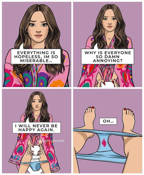 Happens every single month, but still a surprise 🫠 Comic by @lainey.molnar inspired by @kardatoons #bebadass [period problems, pms, period talk, period art, feminist art] Period Problems Funny, Lainey Molnar, Relatable Comics, Period Problems, Heart Touching Story, Rwby Comic, Crush Advice, Women Face, Happy Again