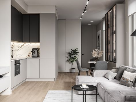 Modern Studio Apartment Ideas, Winter Apartment, Small Luxury Apartment, Apartment Behance, Small Studio Apartment Design, Living Room Upstairs, Open Concept Kitchen Living Room, Studio Apartment Living, Studio Apartment Design