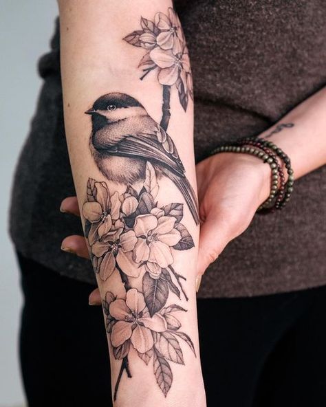 Bird And Flower Tattoo Realism, Sunflower Chickadee Tattoo, Finch And Flower Tattoo, Bird Tattoo Cover Up Ideas, Bird On A Limb Tattoo, Bird In Flowers Tattoo, Chickadee Tattoo Meaning, Chickadee And Lilac Tattoo, Botanical Bird Tattoo