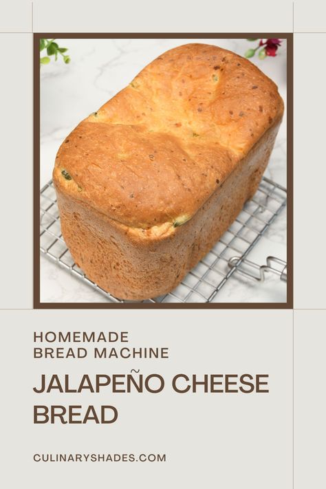 This homemade jalapeno cheese bread combines the heat of jalapenos with the creamy flavor of cheese. This bread is great for adding a bit of spice to your meals and perfect for making sandwiches or enjoying as a snack Jalapeño Cheddar Bread In Bread Maker, Jalapeño Cheese Bread Machine, Sandwich Bread Machine Recipes, Jalapeno Cheese Bread In Bread Machine, Jalapeno Bread Machine Recipes, Jalapeno Cheddar Bread Machine, Jalapeno Cheddar Bread Machine Recipe, Bread Machine Jalapeno Cheese Bread, Bread Maker Bread Recipes