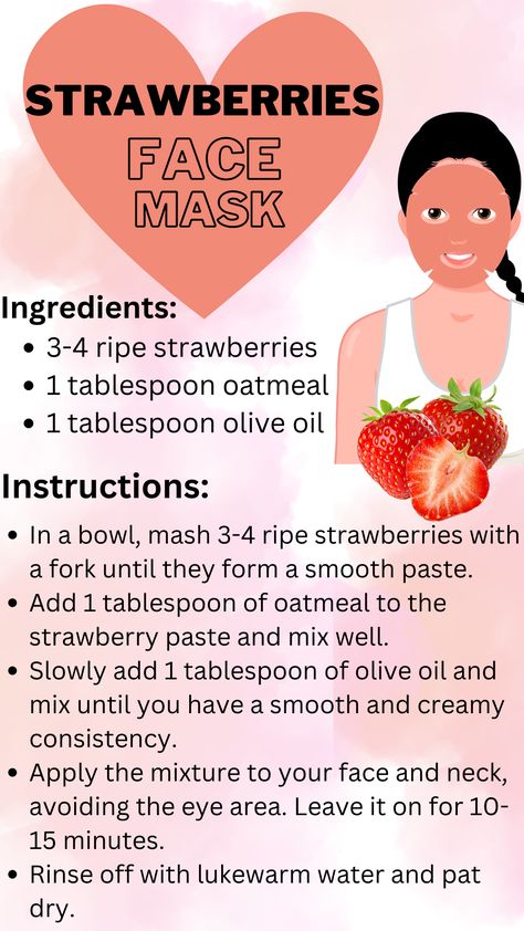 https://pin.it/3uxJb9F Strawberry Face Mask, Face Mask Ingredients, Fruit Benefits, Face Mask Recipe, Face Beauty, Homemade Remedies, Skin Care Recipes, Good Health Tips, Beauty Recipe