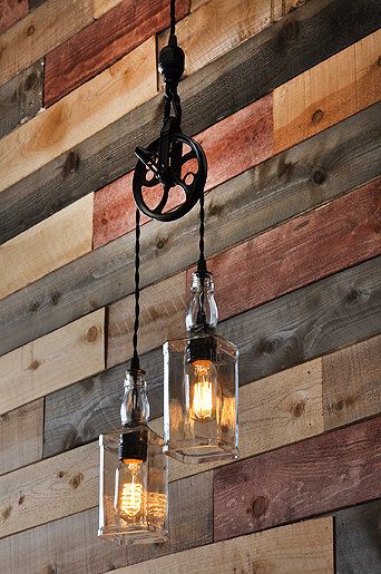 The+Warehouser++Custom+Pulley+Pendant+Chandelier+by+MoonshineLamp,+$289.00 Pulley Lamps, Whiskey Bottles, Mason Jar Lights, Diy Lampe, Lights Hanging, Factory Lighting, Deco Luminaire, Jar Lights, Black Oil