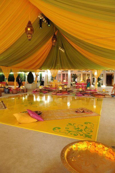 This is it! My mehndi and ...love the yellow. Blue and yellow colour with touch of like green and pink. Like the idea of print patches across floor Ladies Sangeet, Mehndi Night, Mehndi Decor, Dekor Diy, Decor Candles, Big Fat Indian Wedding, Wedding Colors Blue, Wedding Team, Desi Wedding