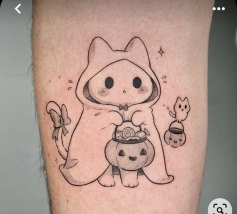 Pumpkin And Cat Tattoo, Cat Cute Tattoo, Cat Halloween Tattoo, Skeleton Cat Tattoo, Spooky Cat Tattoo, Cat Skeleton Tattoo, Creepy Tattoo Ideas, Cat Ghost Tattoo, Halloween Cat Tattoo