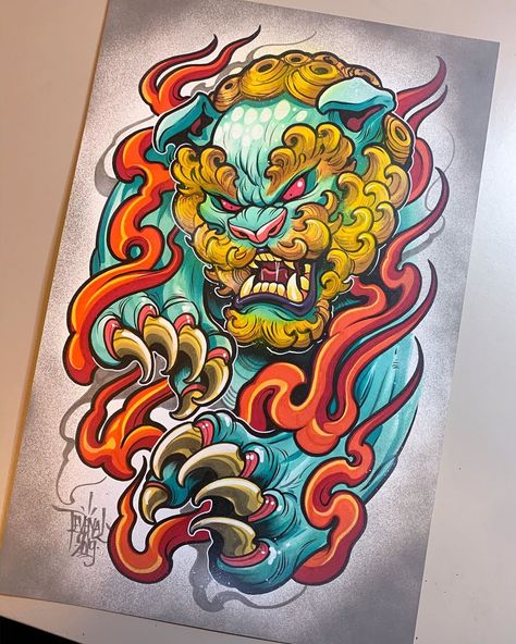 6,434 Likes, 18 Comments - David Tevenal (@davetattoos) on Instagram: “Fun Foo Fog commission - 11x17 marker, ink and airbrush on Bristol.” Traditional Tattoo Illustration, Tato Irezumi, David Tevenal, Japanese Foo Dog, Dog Tattoo Design, Foo Dog Tattoo Design, Foo Dog Tattoo, Colored Tattoo Design, Tato Lengan