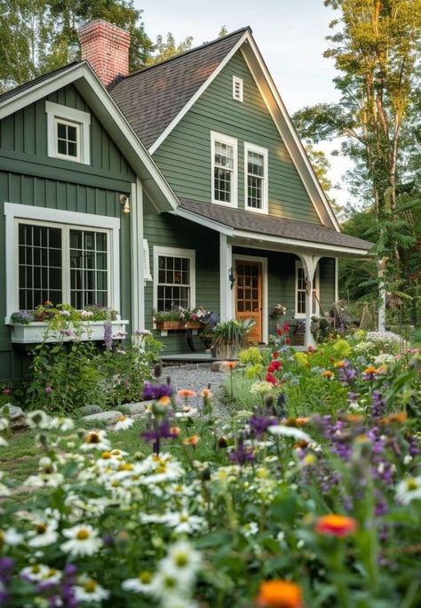 Cottage Home Exterior Paint Colors, Green House With Shutters, Green And White Exterior House Colors, Green And Brown House Exterior, Green House With White Trim, Green Brick House Exterior, Green Exterior Paint Colors For House, Bright Exterior House Colors, Green Cottage Exterior