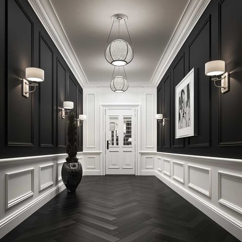 Faux Painting Ceiling Ideas, Upstairs Hallway Ideas Modern, Black Walls With White Trim, Home Office Wall Art Ideas, Black Entryway Ideas, Modern Moulding Design, Corridor Design Home Modern, Hallway Trim Ideas, Black Hallway Ideas