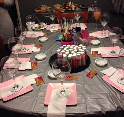 Wine And Paint Party Ideas Girls Night, Juice And Paint Party, Paint Party Set Up Ideas, Sip And Paint Ladies Night Ideas, Wine And Canvas Party, Zip And Paint Party Ideas, Bridal Paint Party, Painting Party For Adults, Paint Night Bachelorette Party