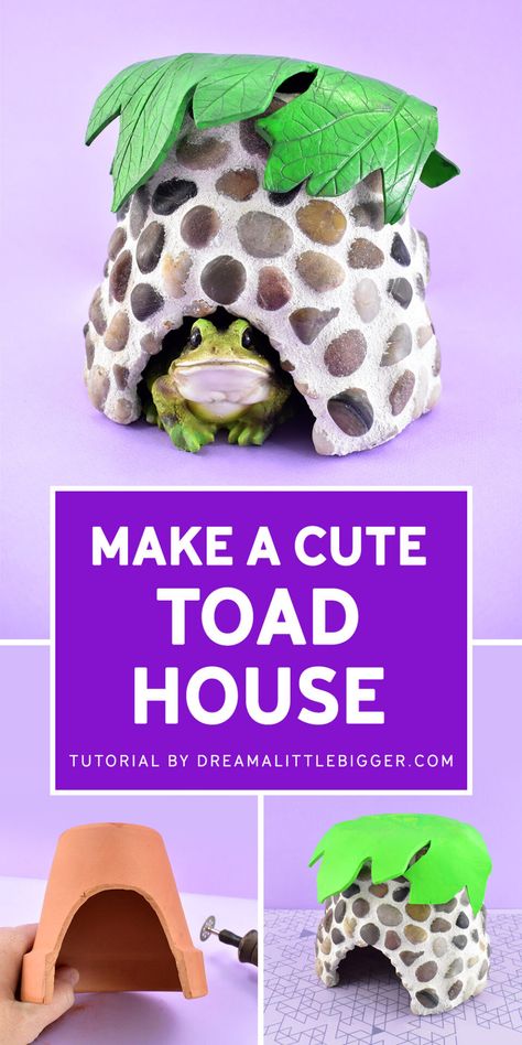 Got toads? Learn how to make a toad house from a clay pot to keep your resident garden toads cool, comfortable, and safe! Toad Homes Garden Ideas, Toad Houses Diy How To Make, Toad Abode Diy, Frog Houses For The Garden, Diy Frog House, Toad Houses For The Garden, Frog And Toad Party, Diy Toad House, Toad Craft