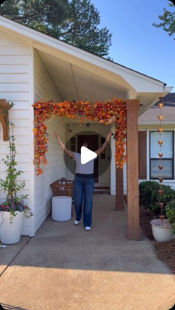 DeLancey Carson | Real, Relatable DIY on Instagram: "Have you seen this shower curtain rod hack? I just wound a few leaf garlands around it letting them hang down on each end. Then I added some of Govee’s smart LED string lights I could control with my phone. The final finishing touch for my exterior’s cozy feel was Govee’s Permanent Outdoor Lights 2. These are so easy to install and I love that you can choose if you want white or colored lights. You can also set up routines so the eave lights turn on and off at the same time each day without you even thinking about it! Want some for your house? Comment the word COZY and I’ll send you the link to the ones I have!   @goveeofficial #goveepartner #goveeoutdoorlights #curbappeal" Shower Curtain Rod Garland, Garland Curtain Rod Hack, Garland On Curtain Rod, Diy Pumpkin Garland Outdoor, Fall Garland On Curtain Rod, Shower Rod Garland, Curtain Rod Garland, Tension Rod Garland, Shower Curtain Garland Christmas