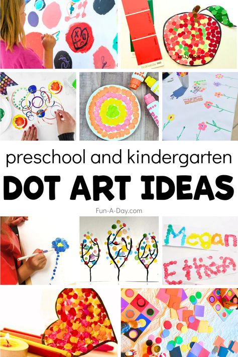 These dot art projects are a great addition to your preschool and kindergarten art rotation. They can be adapted to work for any classroom theme. Challenge students to create masterpieces using only dots and circles! Click on the Fun-A-Day.com link for more information. Dot Art Projects, Dot Art Ideas, Dot Markers Art, Teaching Art Elementary, Art Ideas For Kids, The Dot Book, Camping Crafts For Kids, Polka Dot Art, Kindergarten Art Lessons