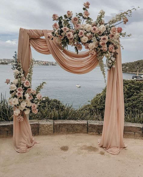 Archway decor idea for ceremony: a pale peach fabric draped with eucalyptus leaves and pale peach/white flowers Floral Balloon Arch, Archway Decor, Wedding Setup, Metal Wedding Arch, Wedding Ceremony Arch, Wedding Ceremony Backdrop, Ceremony Arch, Lovely Couple, Ceremony Backdrop