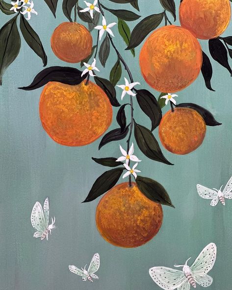 Moths in the Orange Tree 🍊 . . . . . . . . . . #art #painting #illustration #orangetree #oranges #orangepainting #orangeillustration… | Instagram Satsuma Tree, Orange Artwork, Tree Mural, Ceiling Art, Orange Painting, Orange Tree, House Drawing, Tree Drawing, Flowering Trees