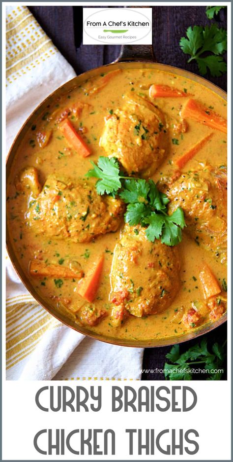 Curry Braised Chicken Thighs is a delicious Indian-inspired dinner for two.  Spicy, flavorful and budget-friendly, it's sure to spice up the night with your loved one! #chicken #chickenthighs #curry #chickencurry Curry Chicken Thighs, Chicken Thigh Recipe, Turkey Thighs, Braised Chicken Thighs, Braised Chicken, Curry Dishes, Curry Chicken Recipes, Dinner For Two, Indian Inspired